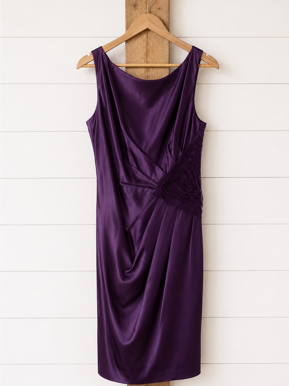 Suzi Chin for Maggy Boutique Plum Satin Draped Midi Dress